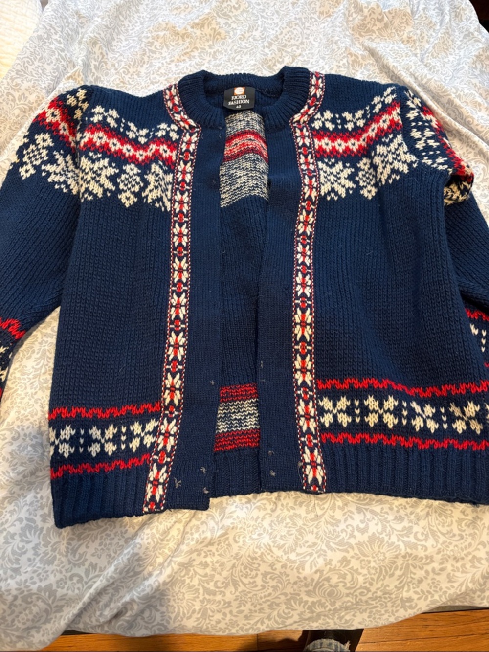 Classic Nordic Navy Open Cardigan Sweater with Red & White Pattern